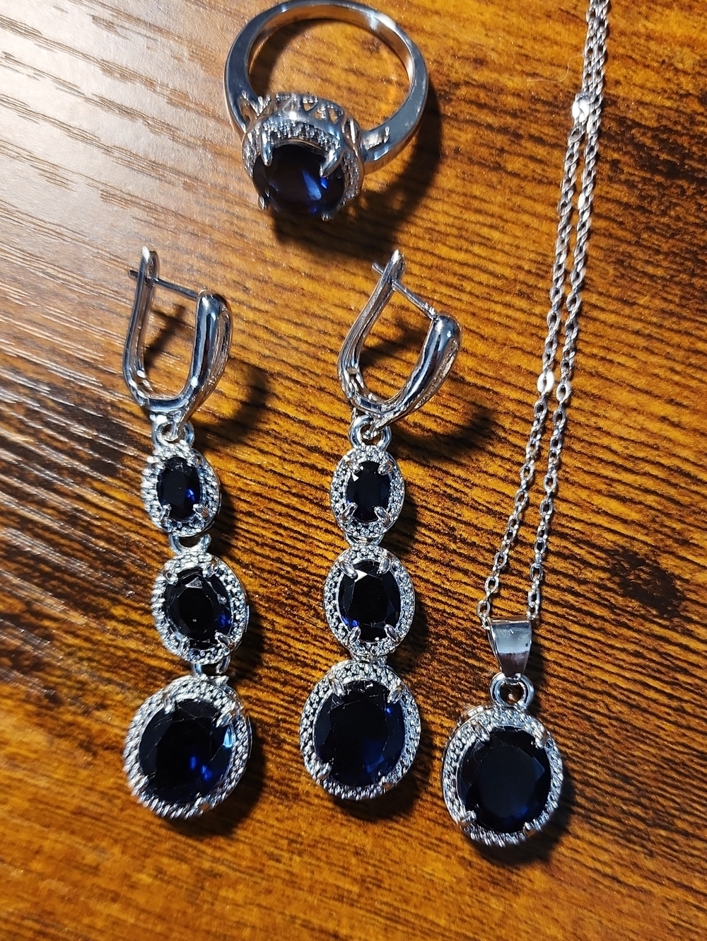 4pcs Ombre Navy Blue Oval Necklace, Earrings & Ring Set - 1 Pair Earrings,
